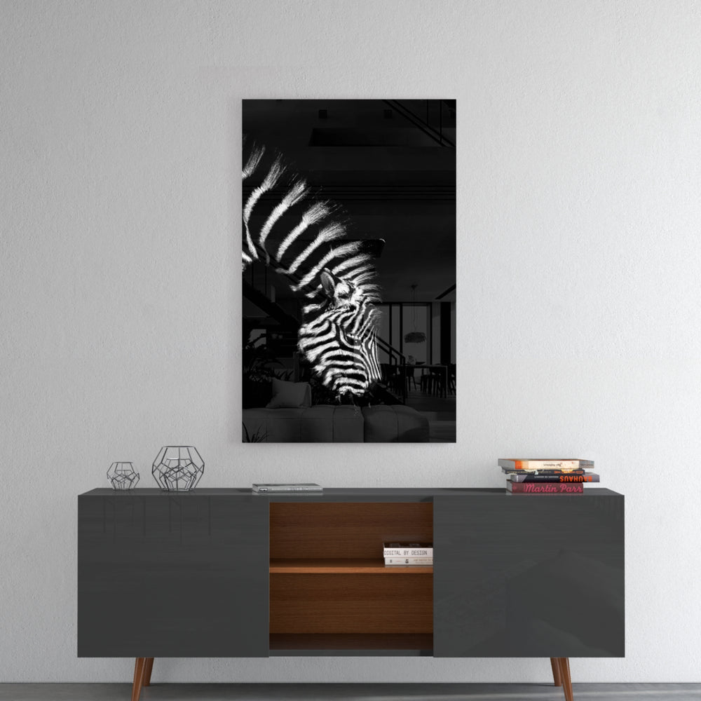 Zebra panel catching gallery light to reveal its tactile pattern