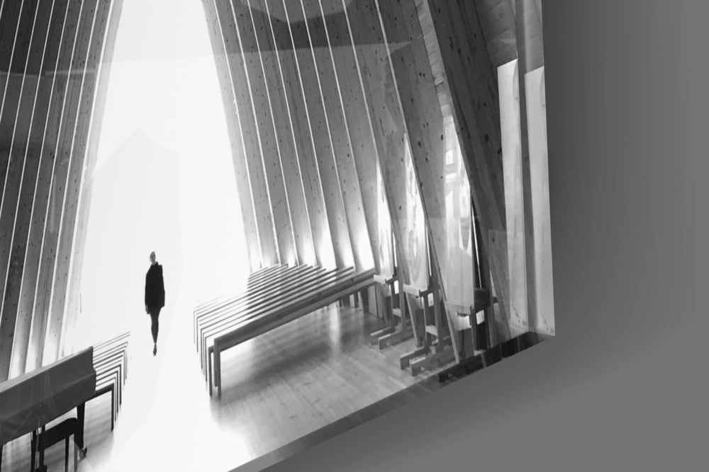 Gray City Landscape artwork anchoring a wall with moody architectural palette