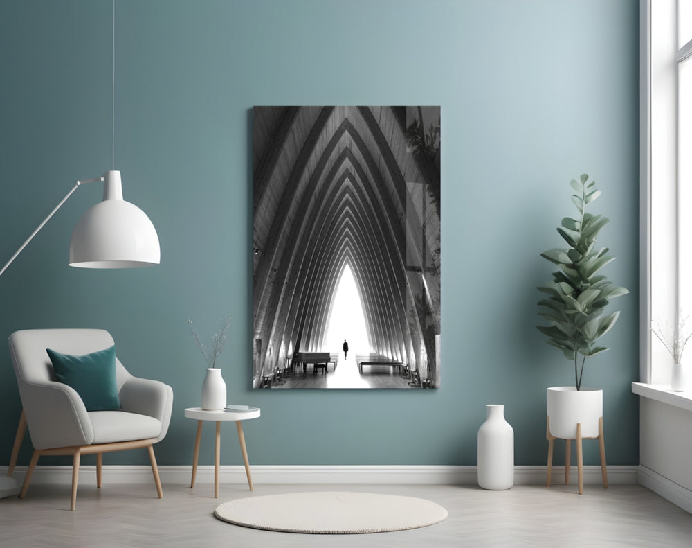 Gray City Landscape glass wall art styled above a desk in a contemplative study