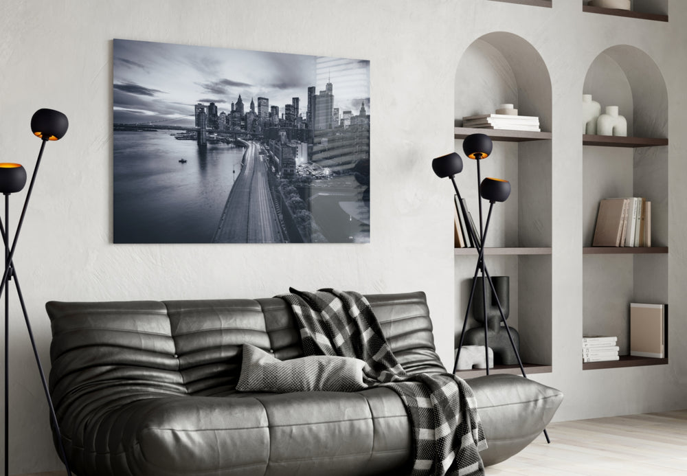 Gray City Landscape glass wall art styled above a desk in a cosmopolitan study