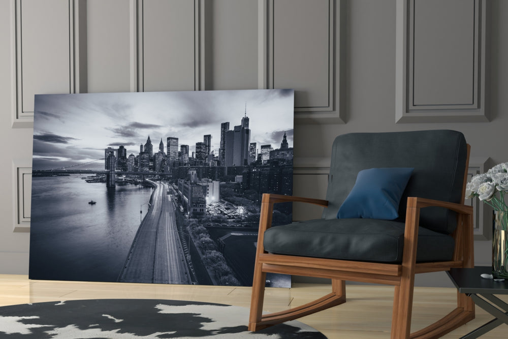 Gray City Landscape glass print enhancing a foyer with editorial drama