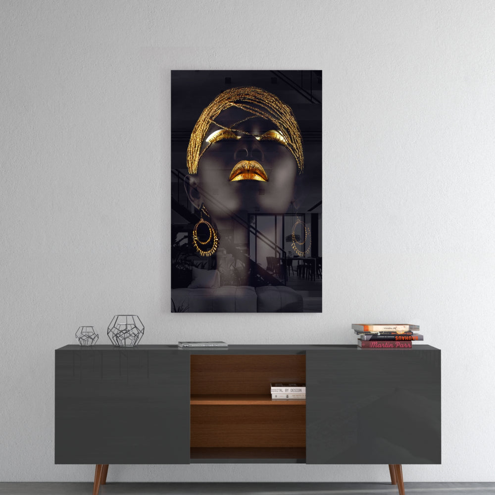 Gold Woman panel catching gallery light to reveal its tactile shimmer