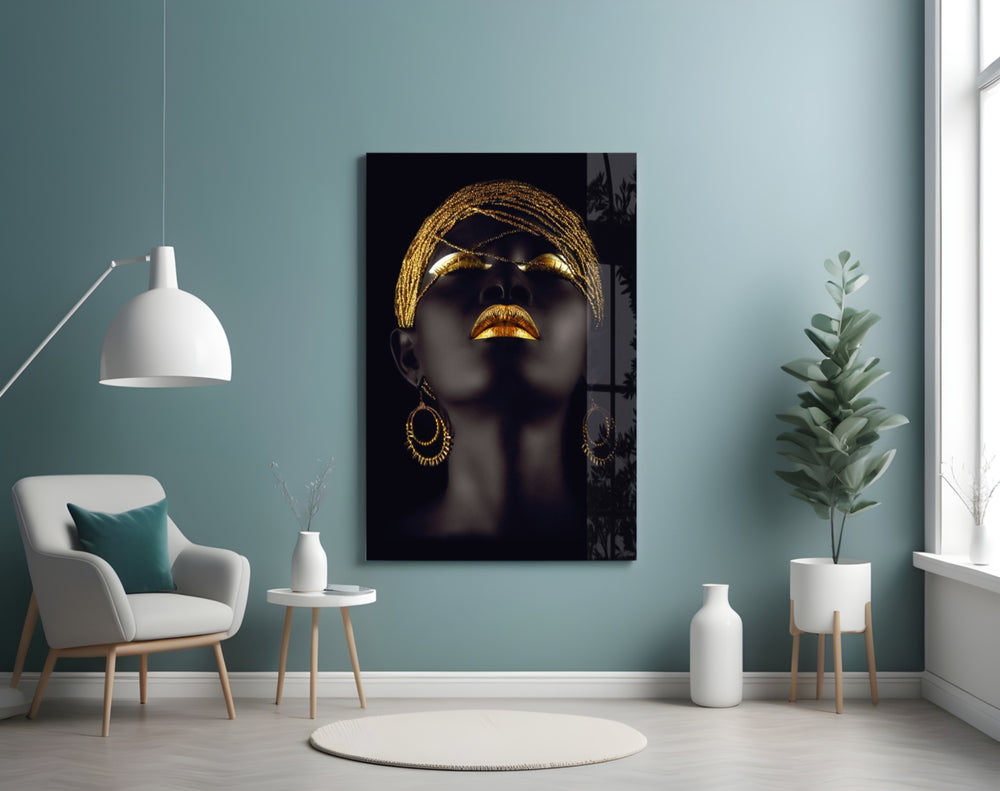 Gold Woman glass wall art styled above a vanity in a powder room