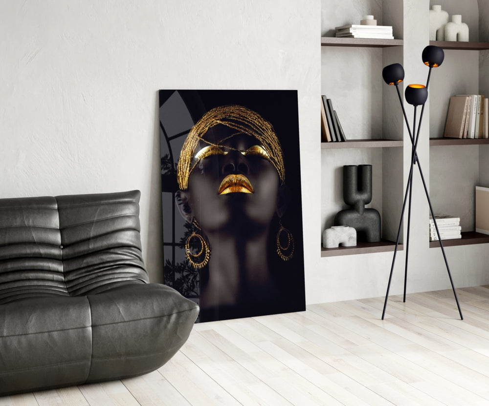 Gold Woman panel adding editorial mood to a dressing area