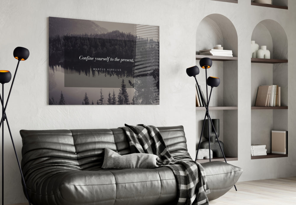 Famous Words glass wall art styled above a desk in a reflective study