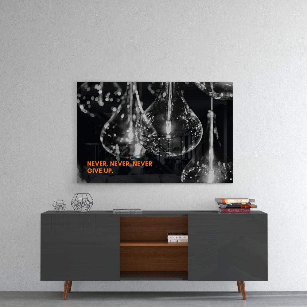 Never Give Up panel catching low light to reveal its tactile sparkle