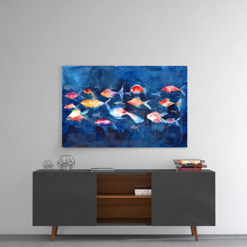 Illustration Fish panel catching gallery light to reveal its painterly texture