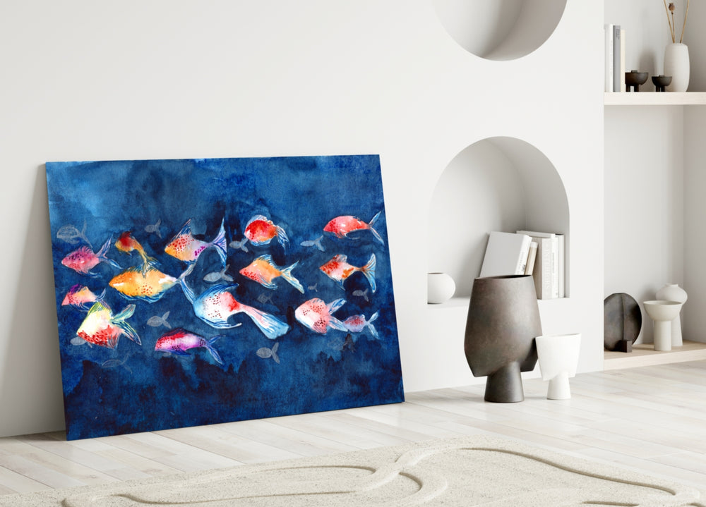 Close-up detail of coral fish silhouettes against indigo wash