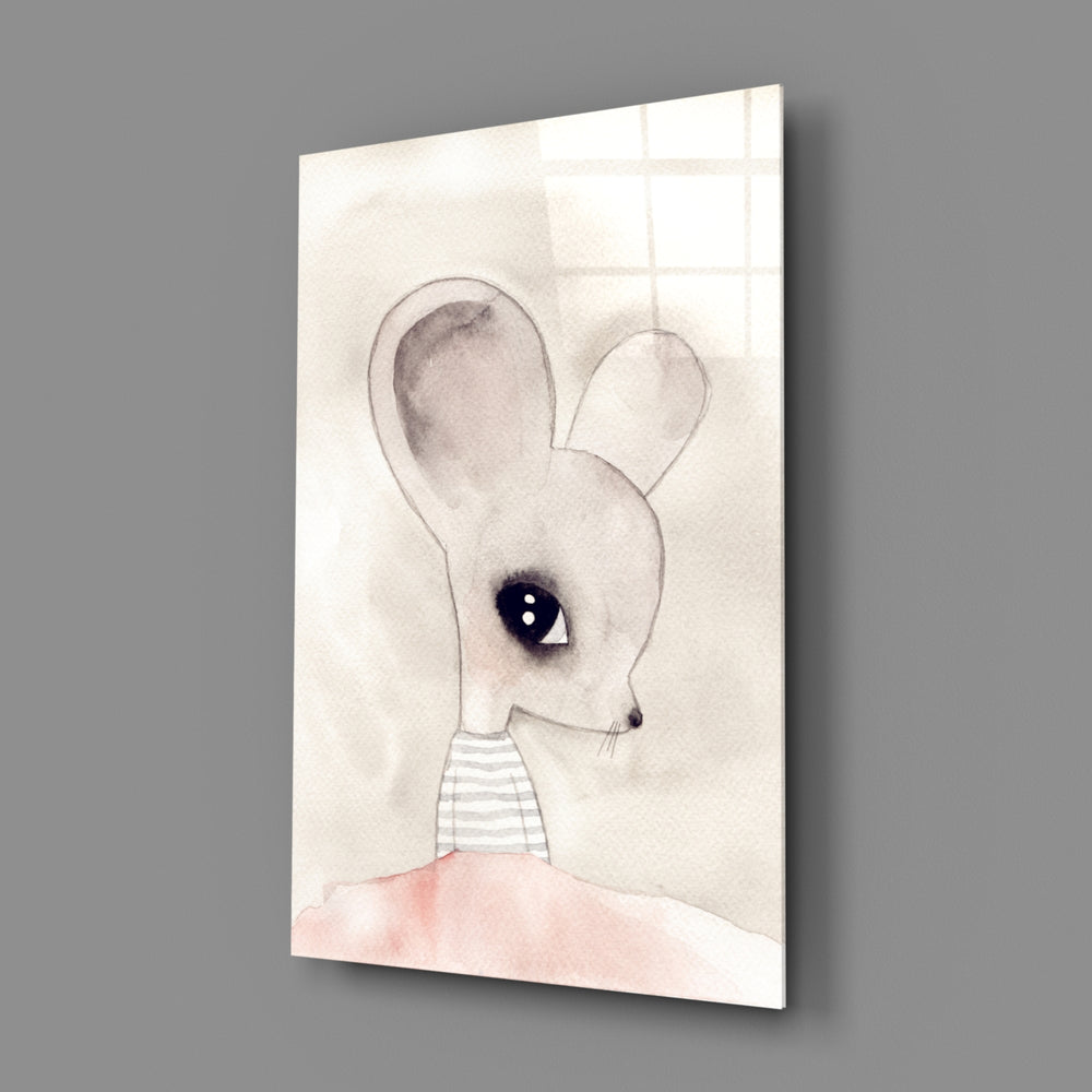 Mouse-portrait panel bringing whimsical softness to a contemporary living space