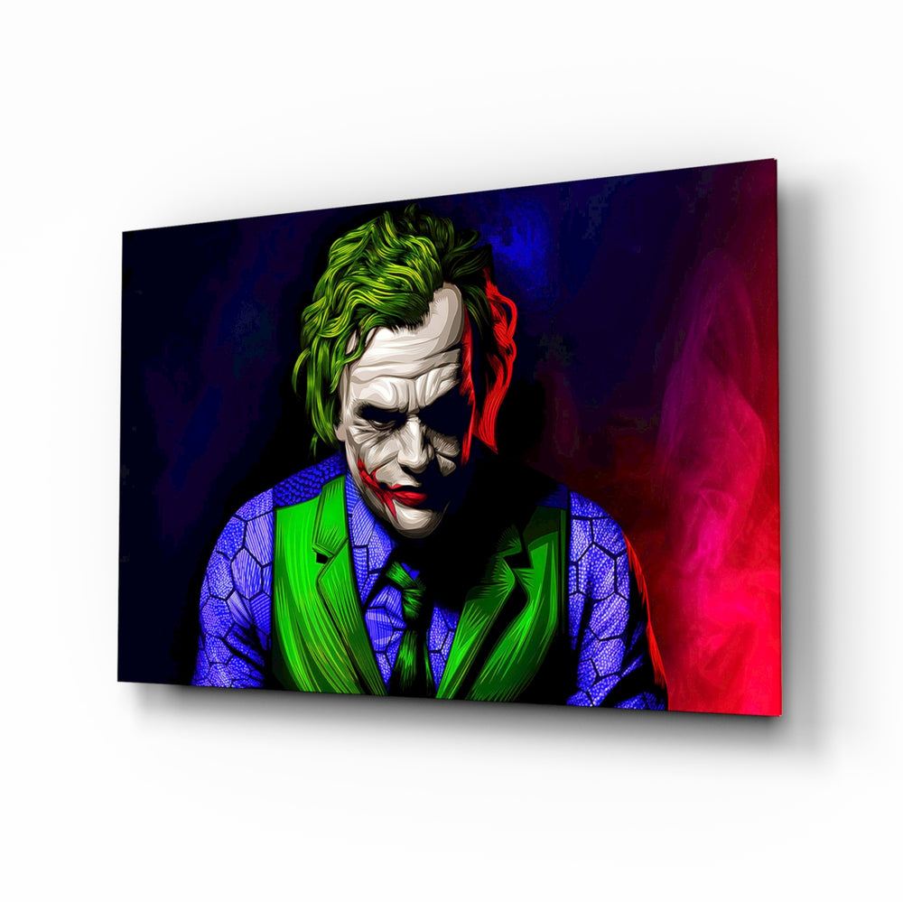 Joker glass wall art displayed above a console in a designer interior