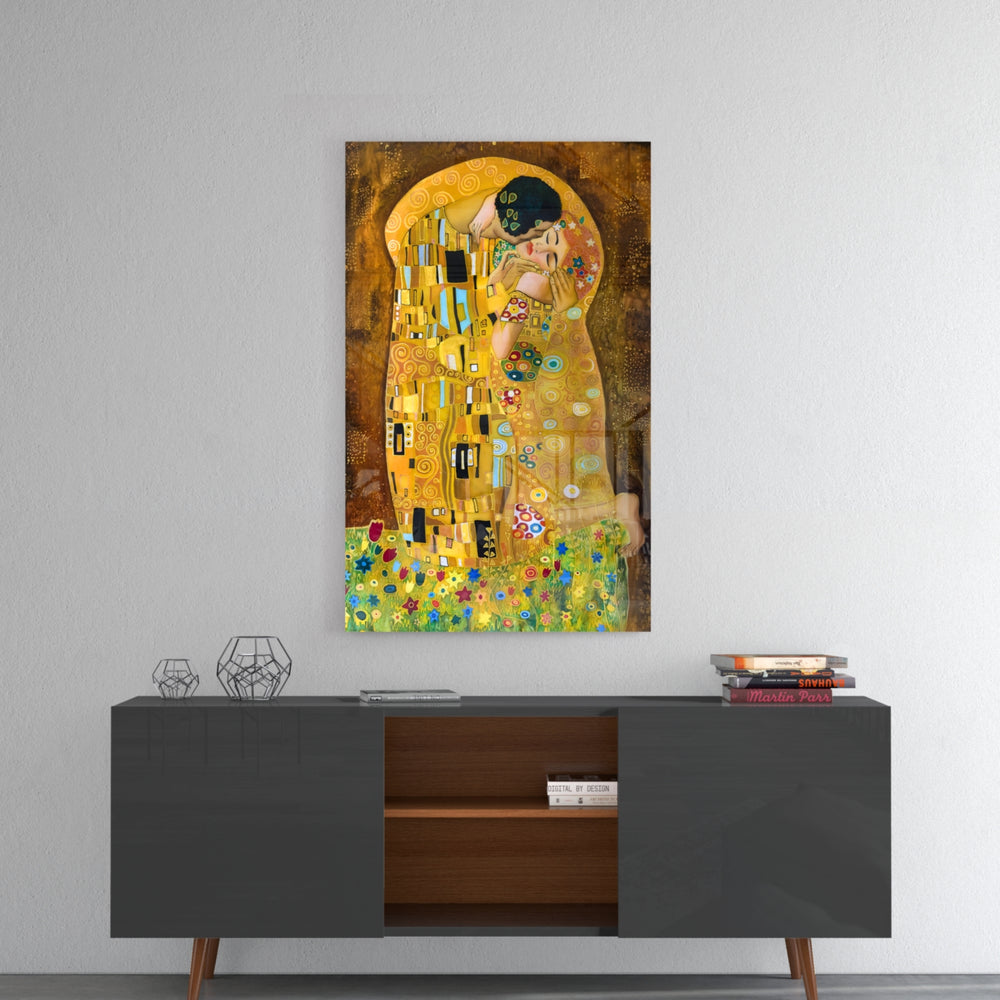 Gustav Klimt The Kiss panel catching gallery light to reveal its tactile shimmer
