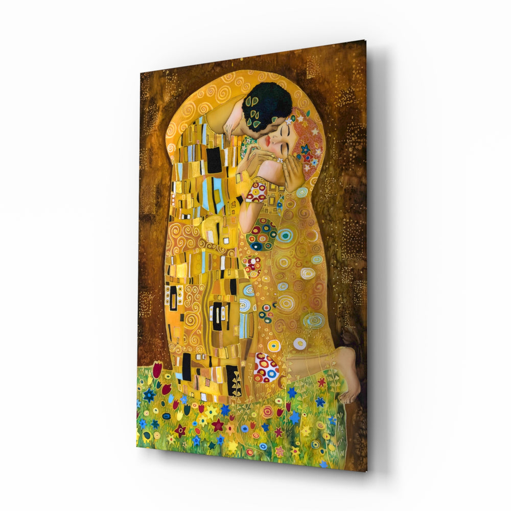 Gustav Klimt The Kiss glass wall art displayed above a console in a designer interior