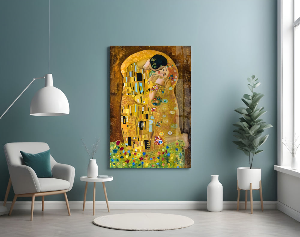 Gustav Klimt The Kiss glass wall art styled above a bed in a master bedroom