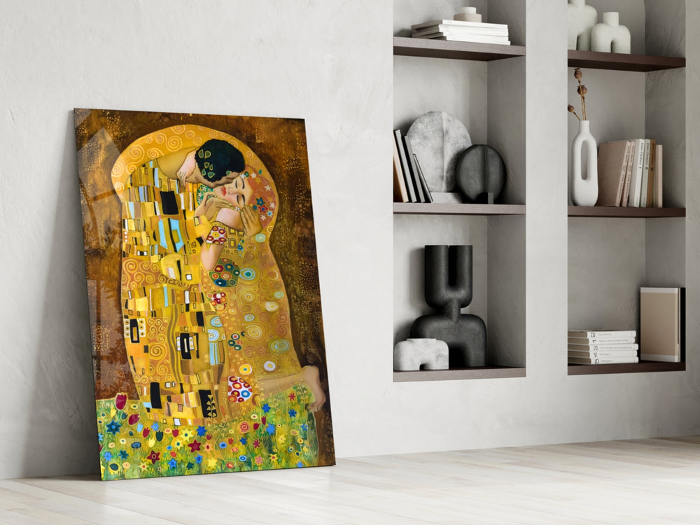 Gustav Klimt The Kiss glass print enhancing a dining room with art-history drama