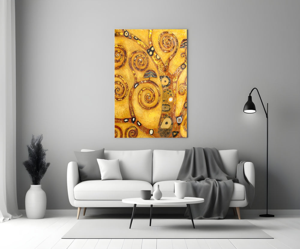 Close-up detail of gilded spirals on amber canvas