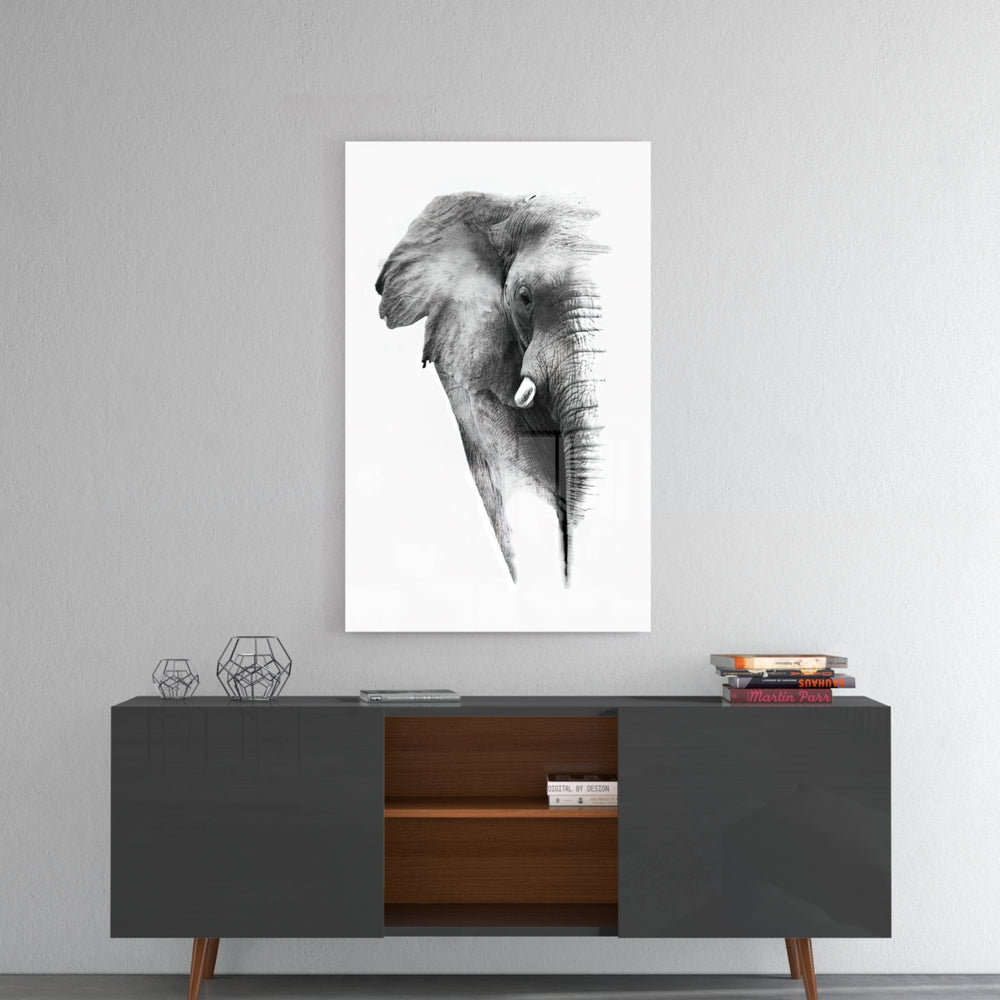 Elephant panel catching gallery light to reveal its tactile grain