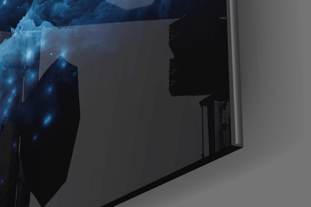 Space artwork anchoring a wall with moody cosmic palette