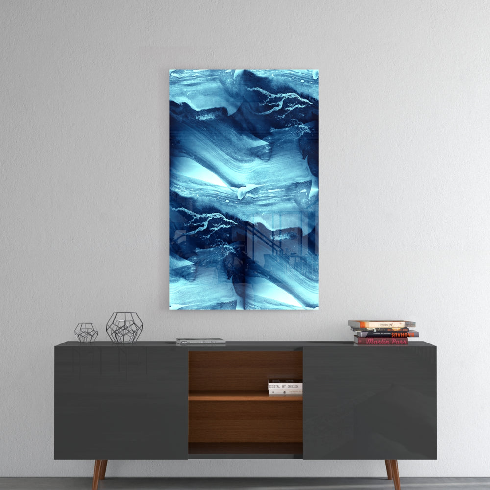 Blue Serenity panel catching gallery light to reveal its tactile flow