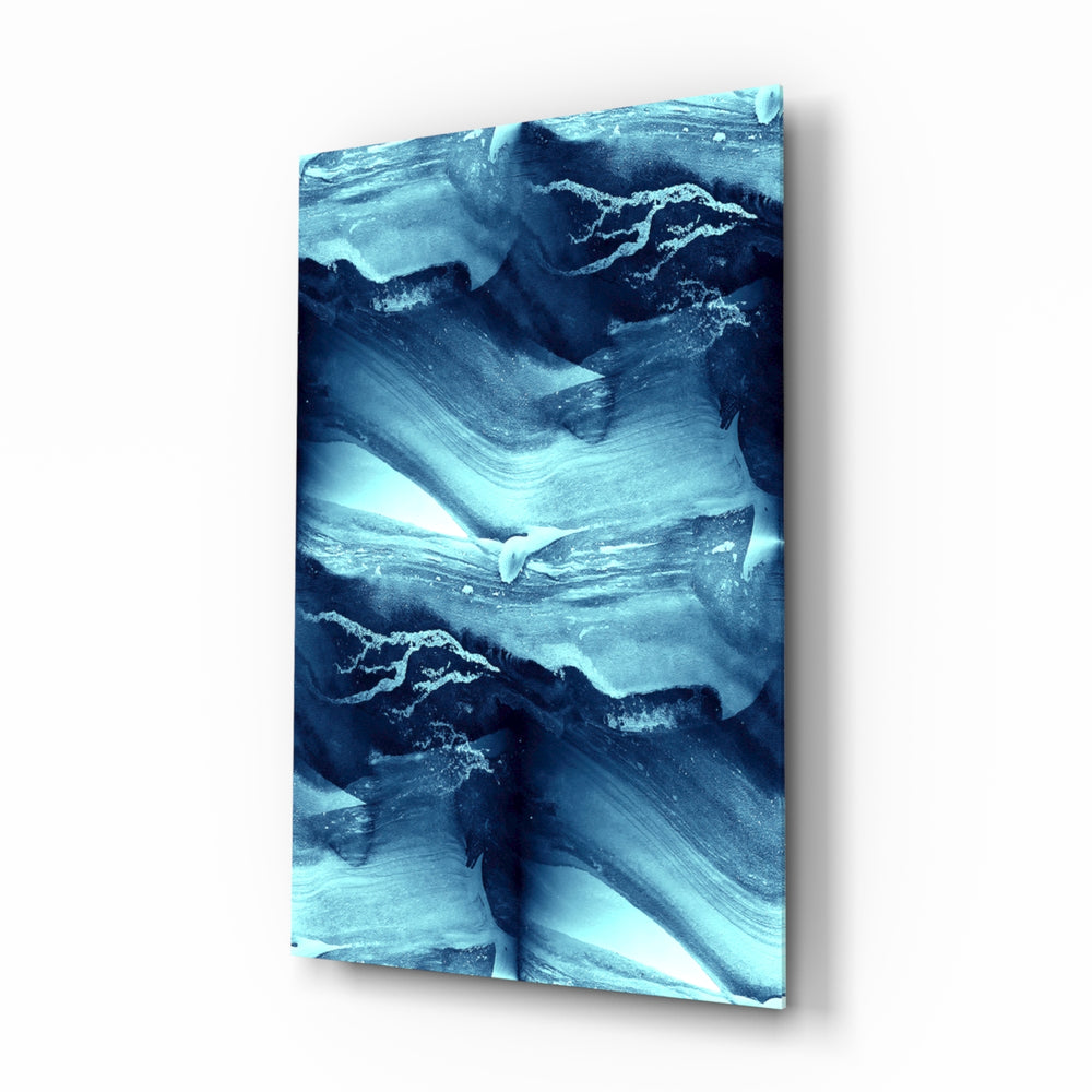 Blue Serenity glass wall art displayed above a console in a designer interior