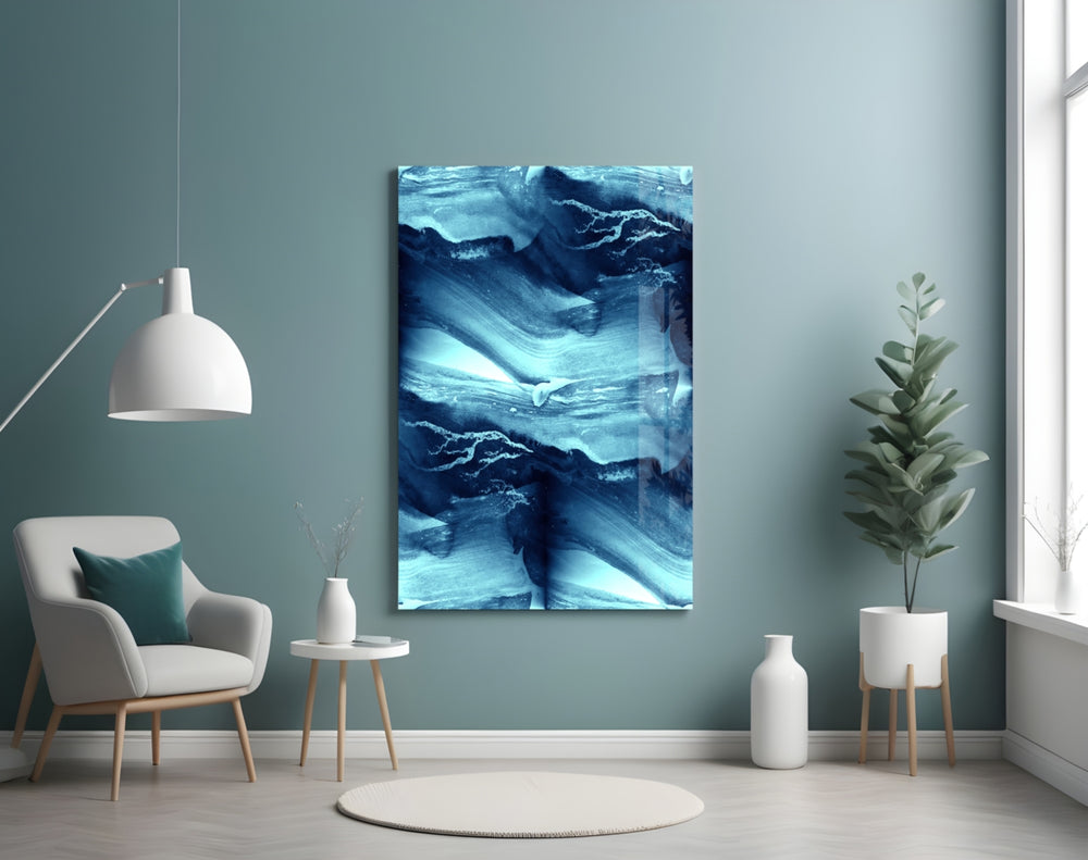 Blue Serenity glass wall art styled above a tub in a spa bathroom