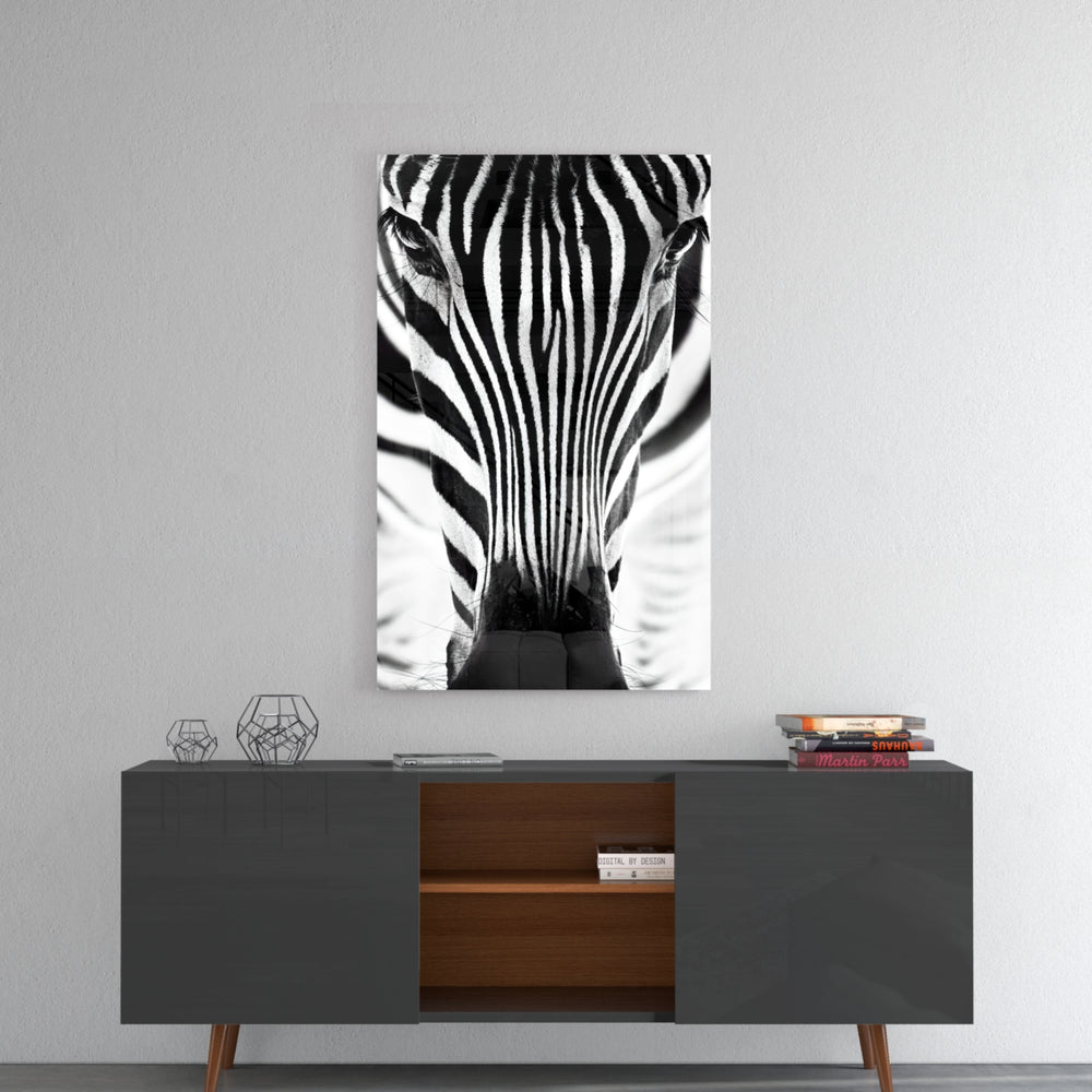Zebra panel catching gallery light to reveal its tactile pattern