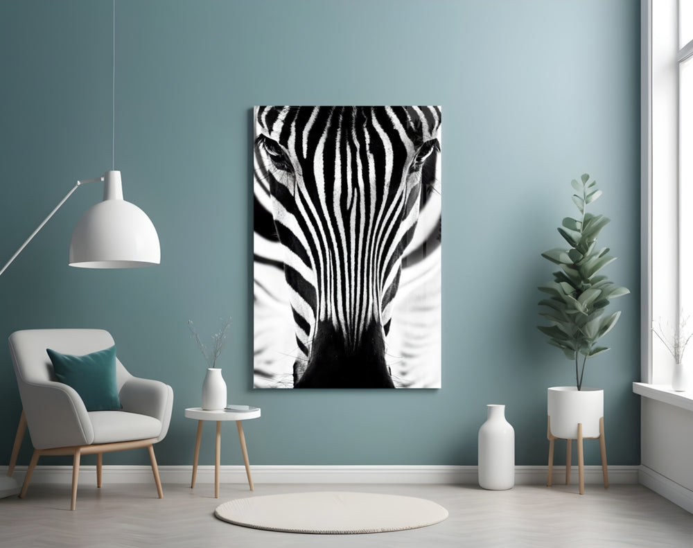 Zebra glass wall art styled above a desk in an introspective study