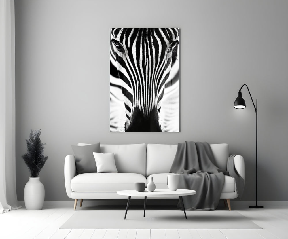 Close-up detail of monochrome stripes funneling toward dark eyes