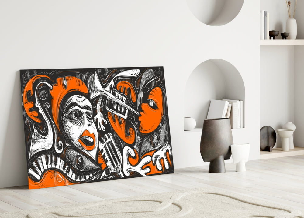 Close-up detail of singing face and orange piano keys