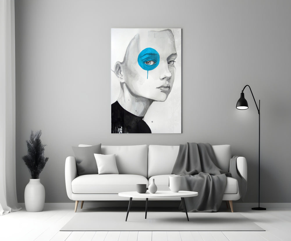Close-up detail of cyan ink-bloom marking the eye