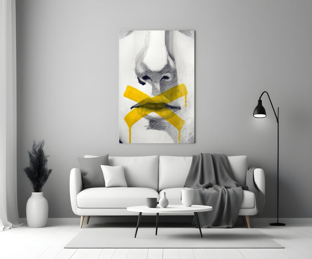 Close-up detail of dripping yellow X across charcoal lips