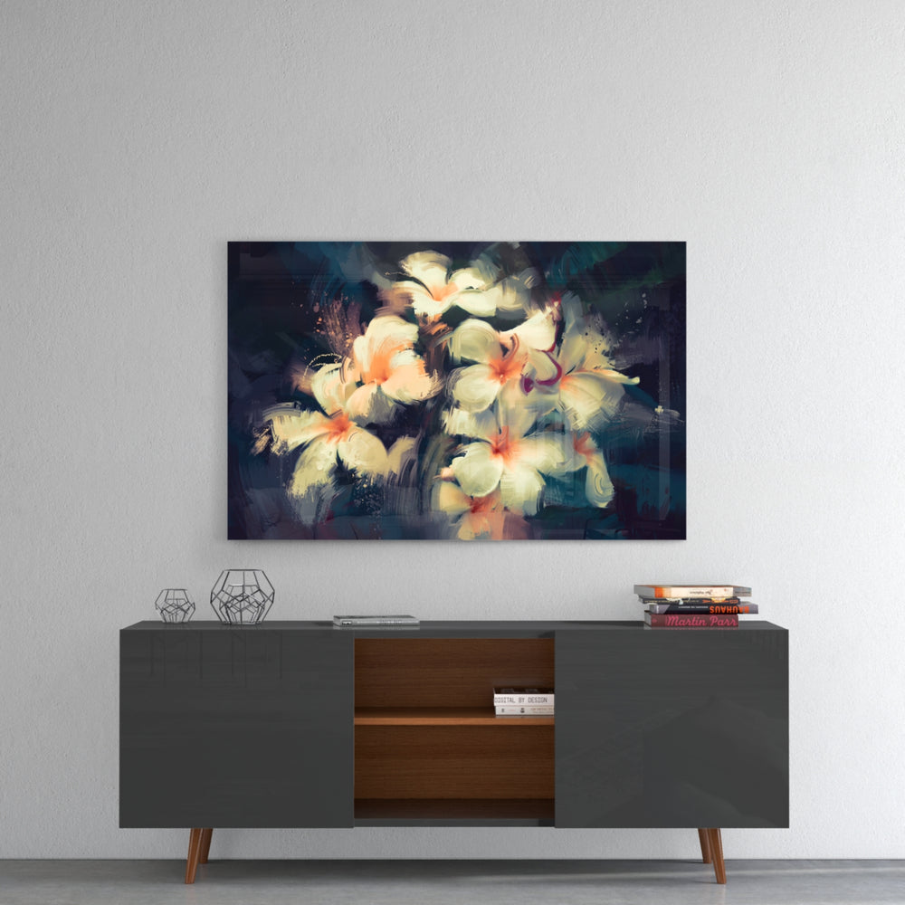Flowers panel catching gallery light to reveal its tactile stroke