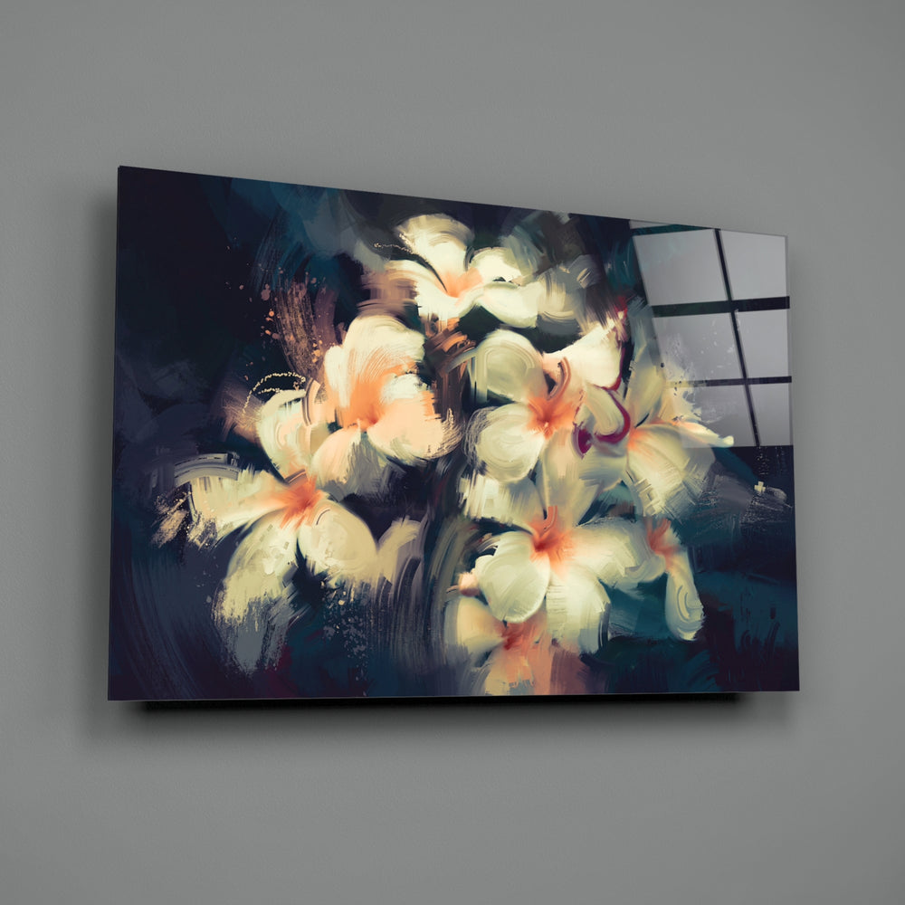 Plumeria-bouquet panel bringing romantic drama to a contemporary living space
