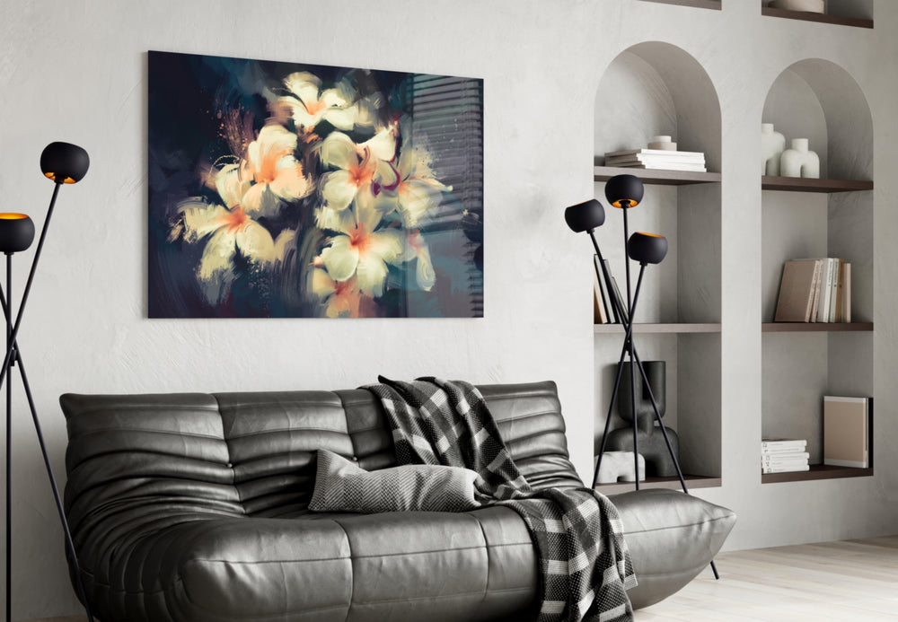 Flowers glass wall art styled above a vanity in a powder room