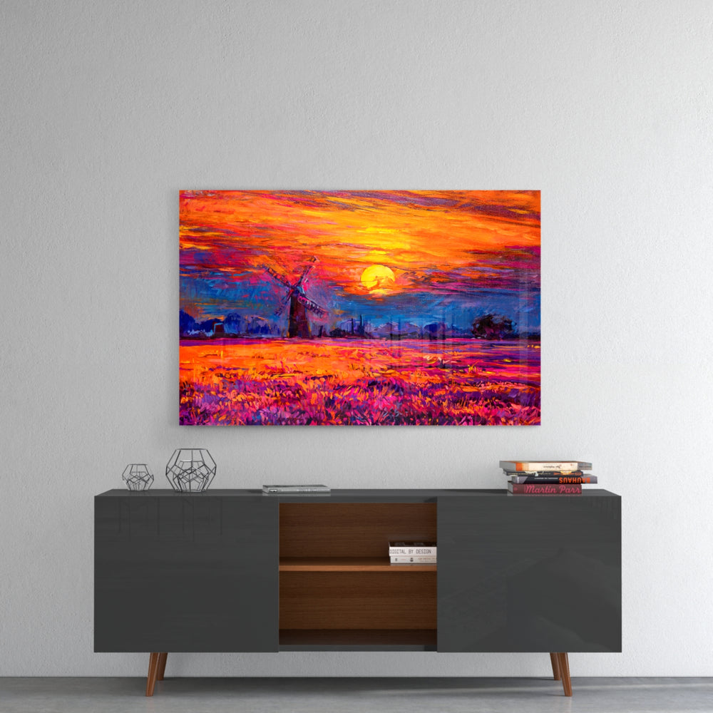 Sunset panel catching gallery light to reveal its tactile ridge