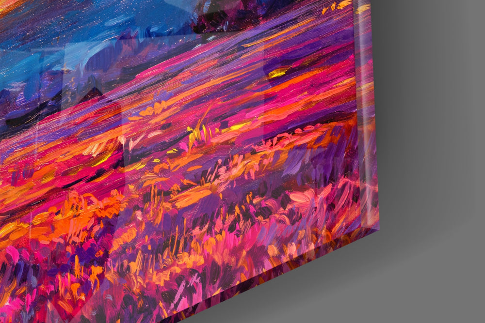 Sunset artwork anchoring a wall with warm painterly palette