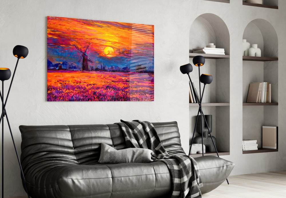 Sunset glass wall art styled above a desk in a country study