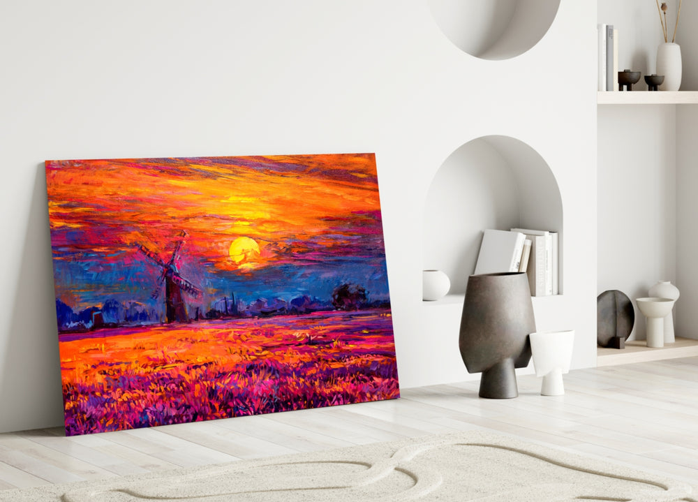 Close-up detail of palette-knife strokes on flame sky