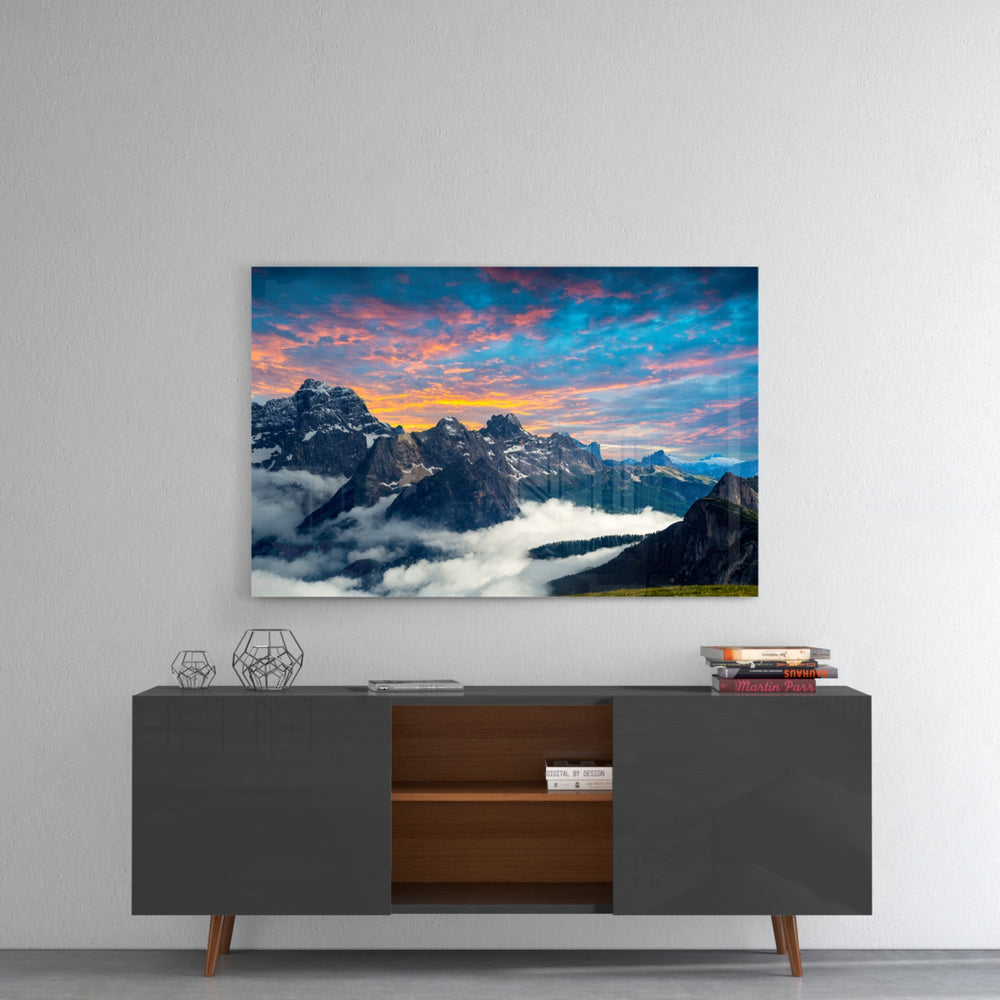 Mountains panel catching gallery light to reveal its tactile texture