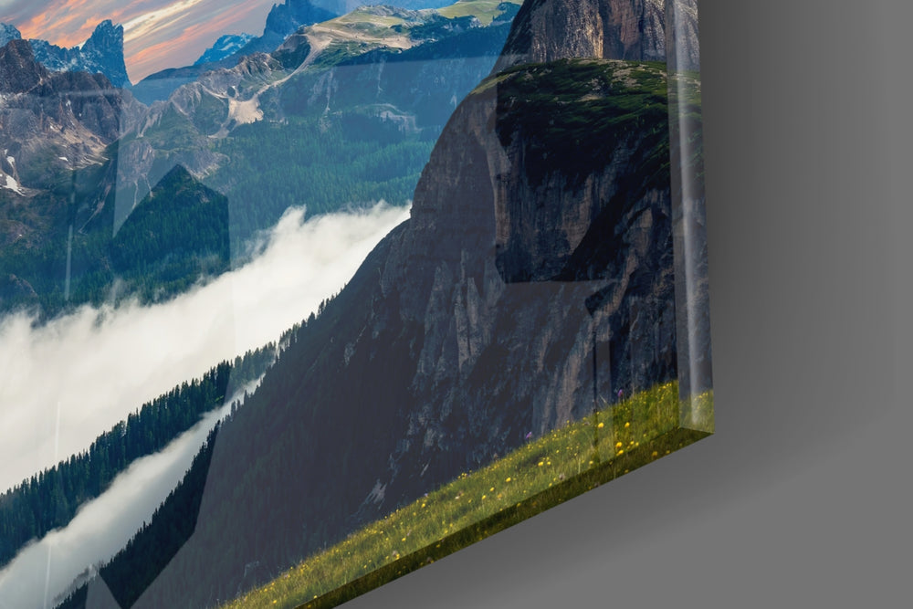 Mountains artwork anchoring a wall with bold panoramic palette