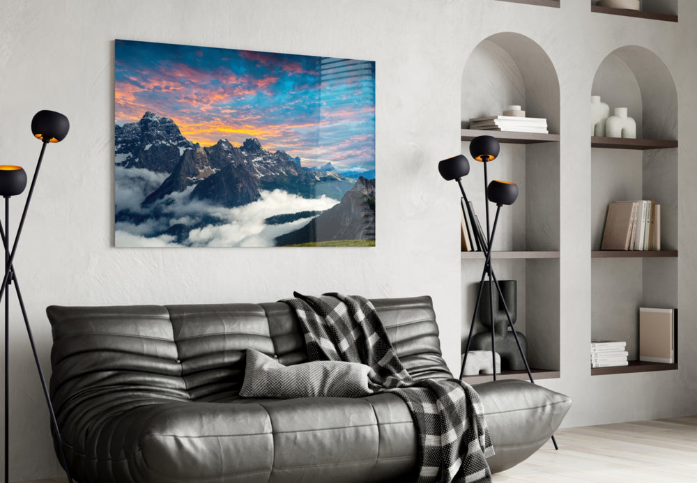 Mountains glass wall art styled above a desk in an explorer's study