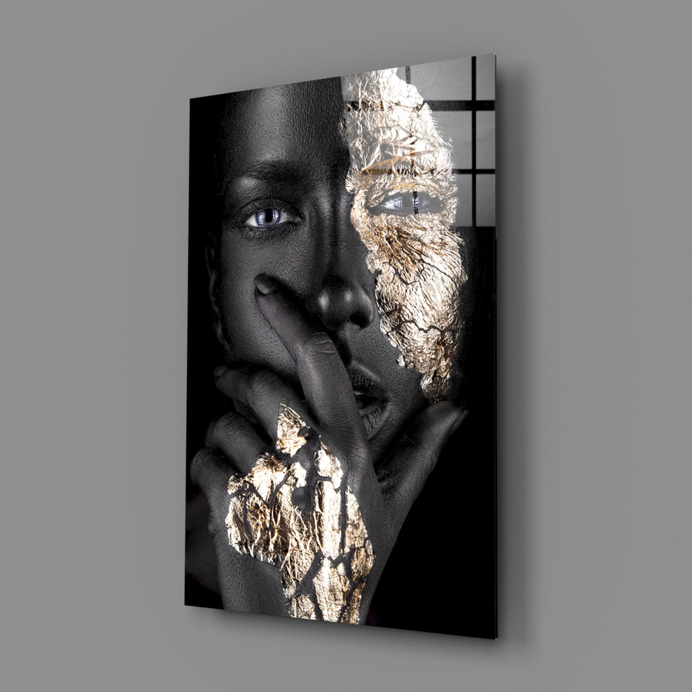 Gold-leaf-portrait panel bringing luxe drama to a contemporary living space