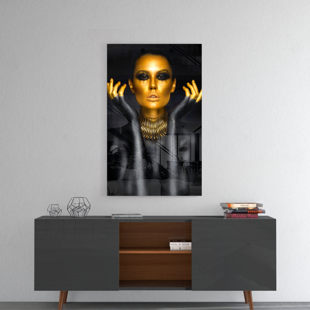 Gold Woman panel catching gallery light to reveal its tactile shimmer