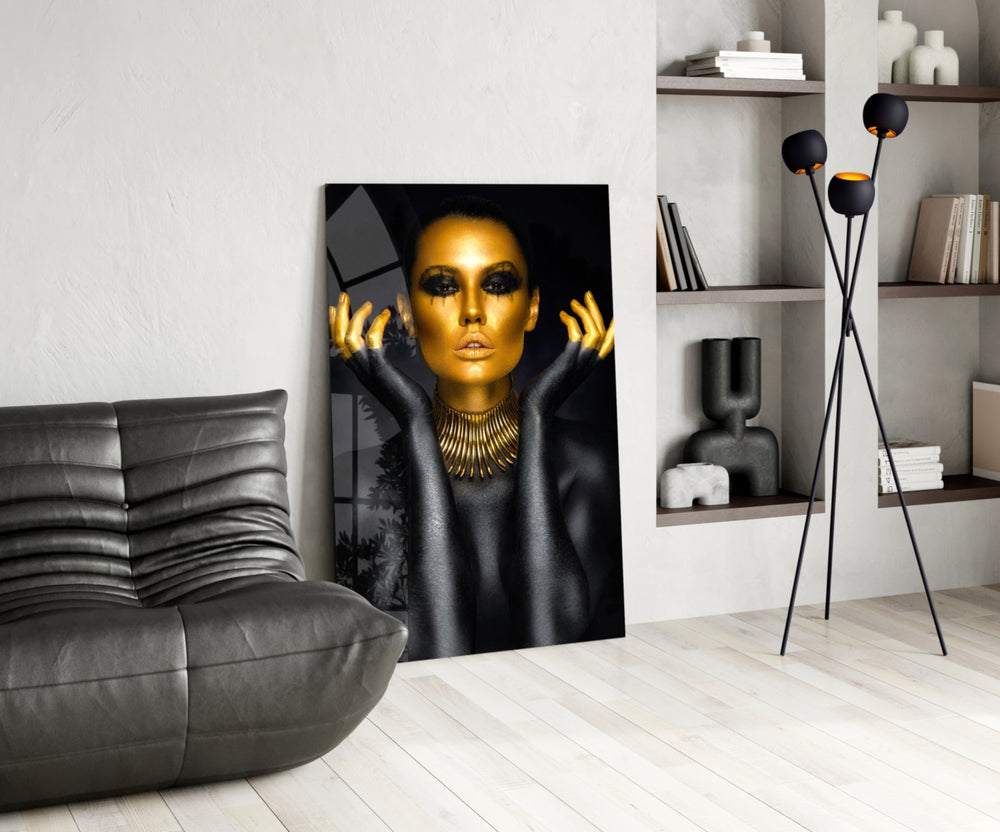 Gold Woman panel adding editorial mood to a dressing area