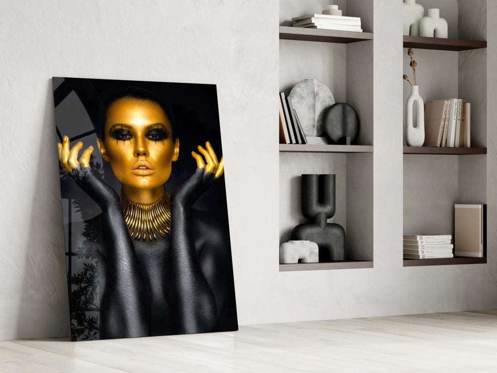 Gold Woman glass print enhancing a foyer with statement focal point