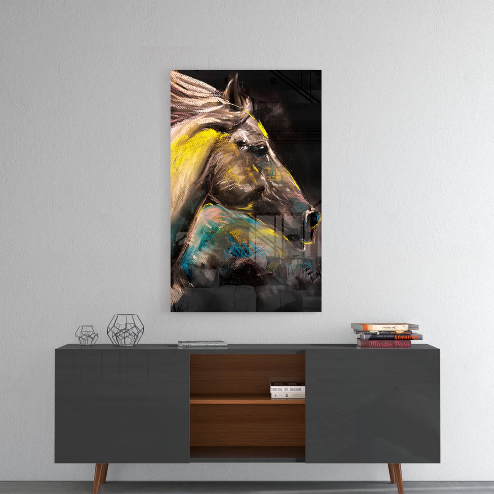 Horse panel catching gallery light to reveal its tactile texture