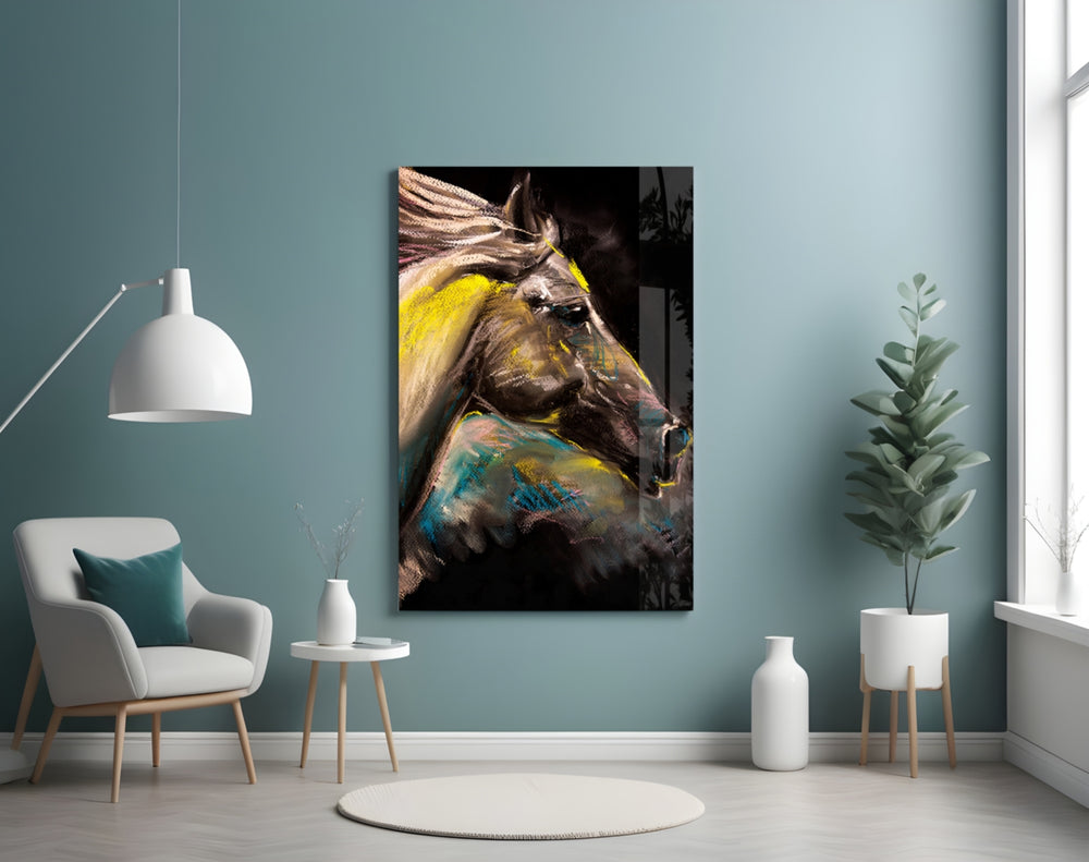 Horse glass wall art styled above a desk in an introspective study