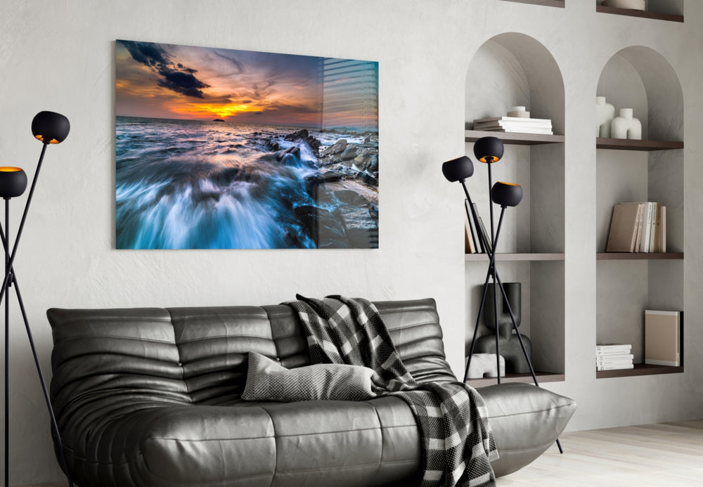 Endless Sea glass wall art styled above a desk in a horizon study