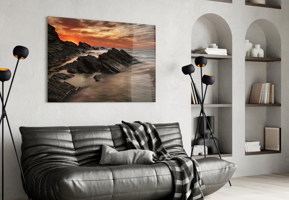 Coastal glass wall art styled above a desk in a horizon study