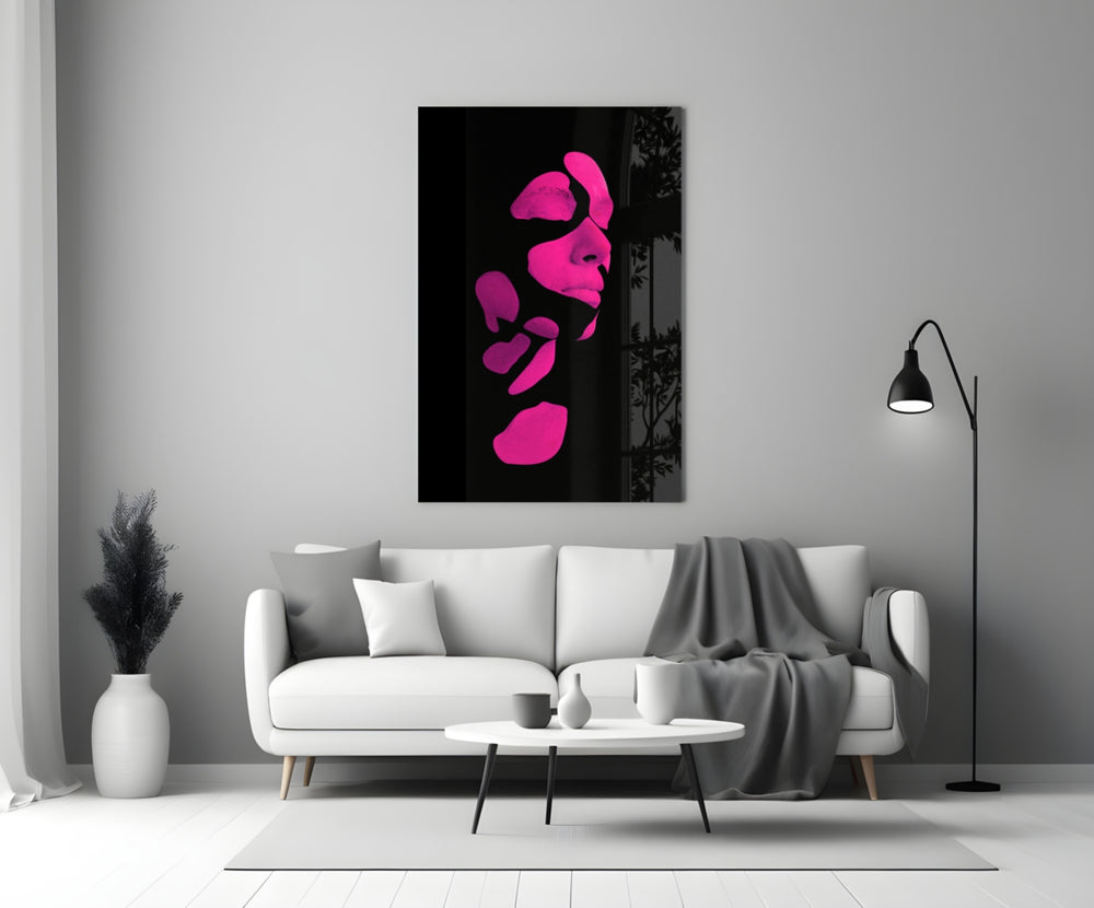 Close-up detail of magenta-paint fragments forming profile