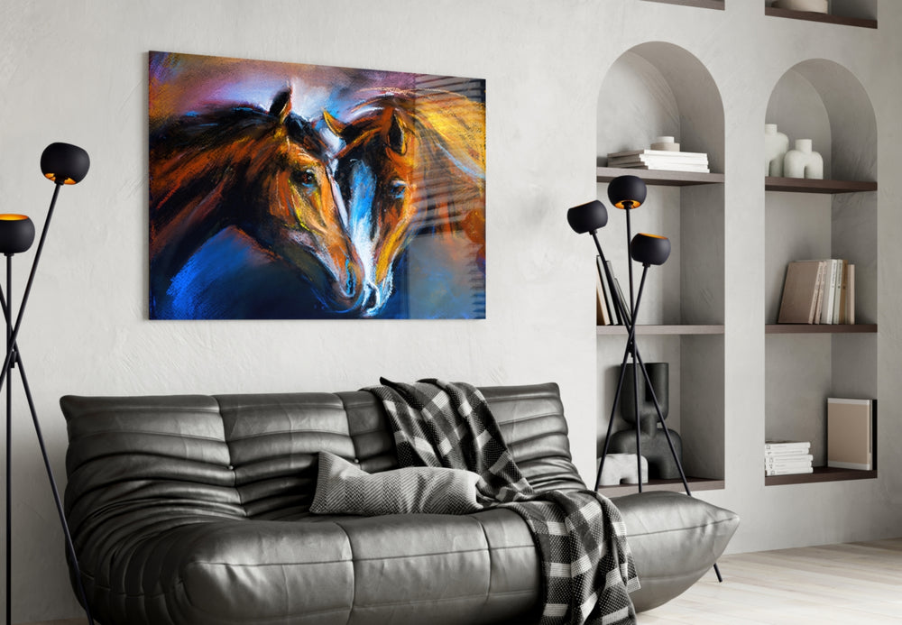 Horses glass wall art styled above a desk in a country study
